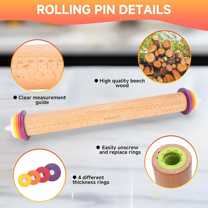 Wooden Rolling Pin with Thickness Rings and Pastry Baking Mat, Pizza, Cookie, Bread, Pie Crusts,Roller Rod for Dough Thickness, 13.6" with 4 Multicolored Thickness Rings&Cookie Molds