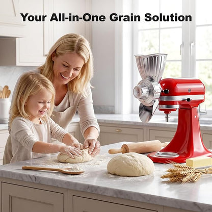 Grain Mill Attachment for KitchenAid, Food-Grade All-Metal 9 Levels Flour Mill for KitchenAid Stand Mixer, Fit for Millet, Wheat, Grain Corn, Coffee Beans, Dry Low-Oil Grains