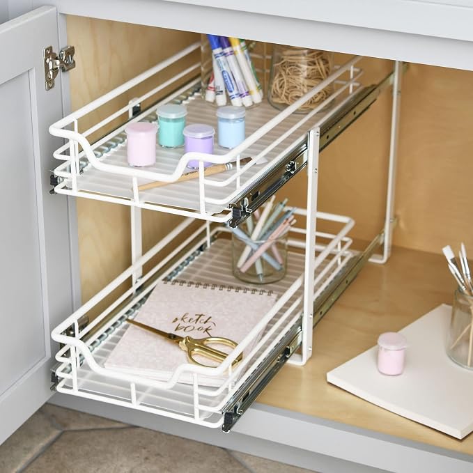 Household Essentials White Powder-Coated Steel Dual-Tier Slide Organizer with Plastic Accents