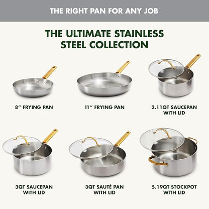 GreenPan Stainless Steel Tri-Ply Reserve 10 Piece Cookware Pots and Pans Set, Multiclad, Induction, Oven & Broiler Safe to 600°F, Heat Responsive Core, Dishwasher Safe, Glass Lids