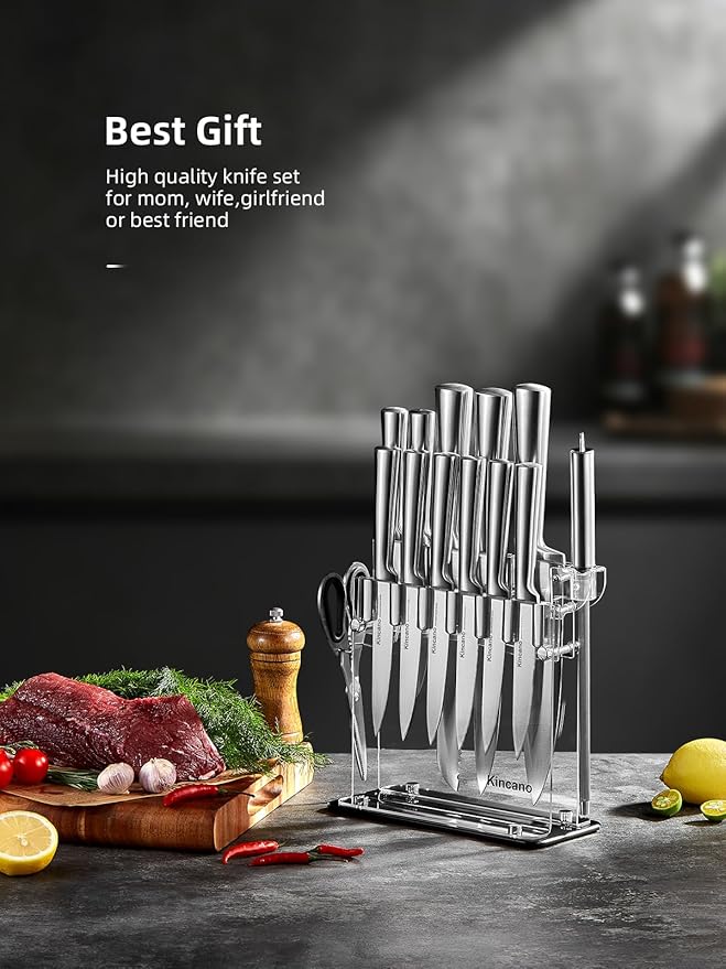 Knife Set, 14 PCS High Carbon Stainless Steel Super Sharp Kitchen Knife Set for Chef with Acrylic Stand, include Steak Knives, Sharpener and Scissors, Ergonomical Design by kincano