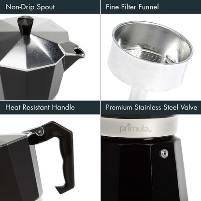 Primula Classic Moka Pot Stovetop Espresso and Coffee Maker, Italian and Cuban Cafetera for Rich Espresso Brewing, Durable Aluminum Greca Coffee Maker with Easy Grip Handle, 6-Cup, Black
