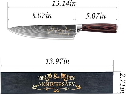 8 Years Anniversary Engraved Chef Knife Gift, 8th Wedding Anniversary Keepsake for Couple, 8 Inch High Carbon Stainless Steel Sharp Kitchen Knife with Ergonomic Handle, 8 Years Marriage Presents