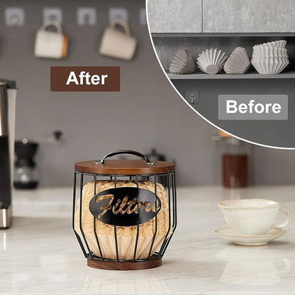 Yangbaga 8-12 Cup Coffee Filters Holder with Wood Lid,Large Capacity Coffee Filter Storage Canister Container Basket,Black Wire K Cup Storage Basket,Coffee Bar Accessories decor