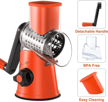 Cheese Grater Rotary, Rotary Grater for Kitchen, Kitchen Grater Vegetable Slicer with 3 Drum Blades, Fast Cutting Cheese Shredder for Vegetables and Nuts