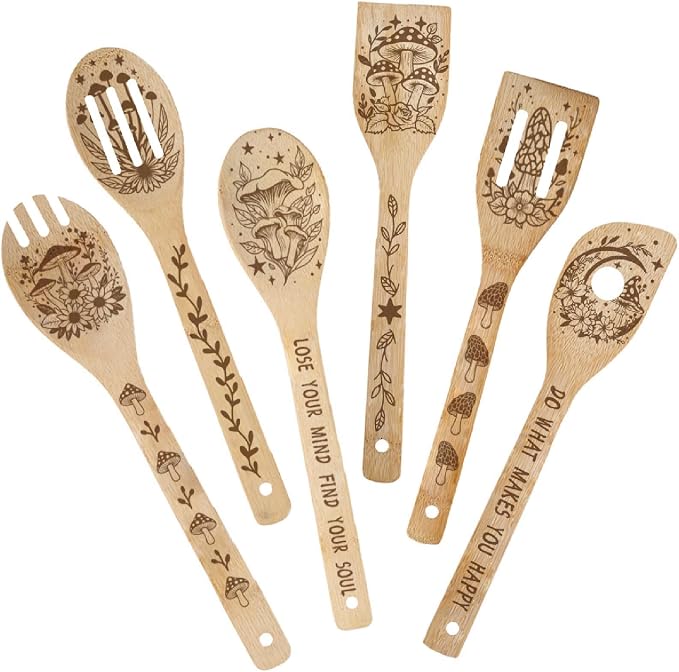 6Pcs 6 Styles Mushroom Cooking Utensils Bamboo Kitchen Spoons 2.4 x 11.8 Inch Moon Star Flower Durable Wooden Spoon Set for Men Women Housewarming Birthday Decor Gift Apartment Essential
