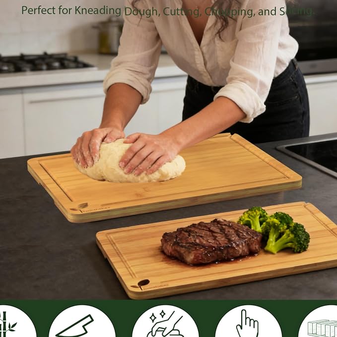 Cutting Board Set of 2, L and XL Bamboo Chopping Boards for Kitchen, Butcher Block Cutting Boards with Side Handles for Meat, Vegetables, Fruit, Meal Prep and Daily Cooking
