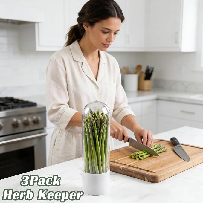 Herb Saver for Refrigerator, 3Pack Herb Keeper & Cilantro Container for Fridge, Fresh Herbs Lettuce Keeper Preservation Storage Container for Cilantro, Parsley, Asparagus, Extends 2-3 Weeks