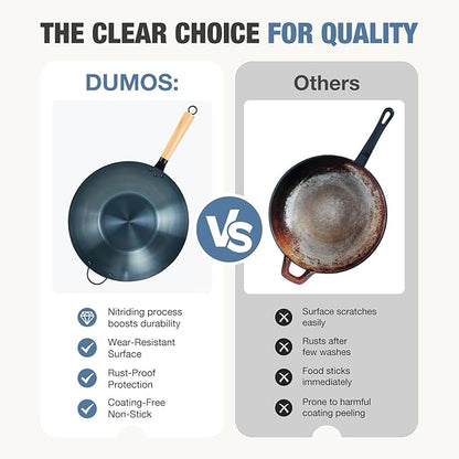 DUMOS 13.5" Carbon Steel Wok Pan, No Chemical Coating, Pre-Seasoned Flat Bottom Pow Wok for Family Meals and Camping, Compatible with Induction, Electric, Gas, Open Fire, Blue