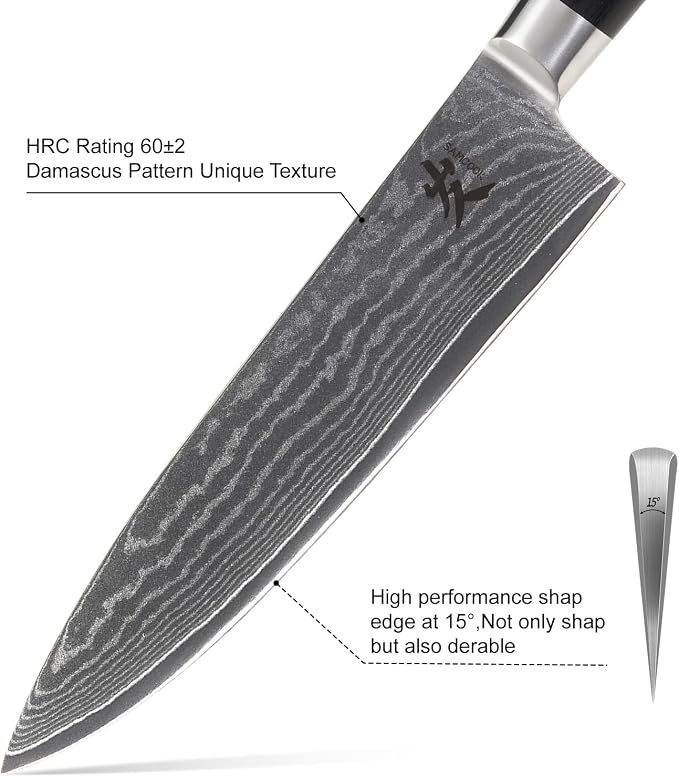 SAMCOOK Damascus Chef Knife, 8 inch Ultra Sharp Cooking Knife With VG-10 High Carbon Stainless Steel，Professional Chef Knives with Black Pakka wood Handle and Premium Gift Box