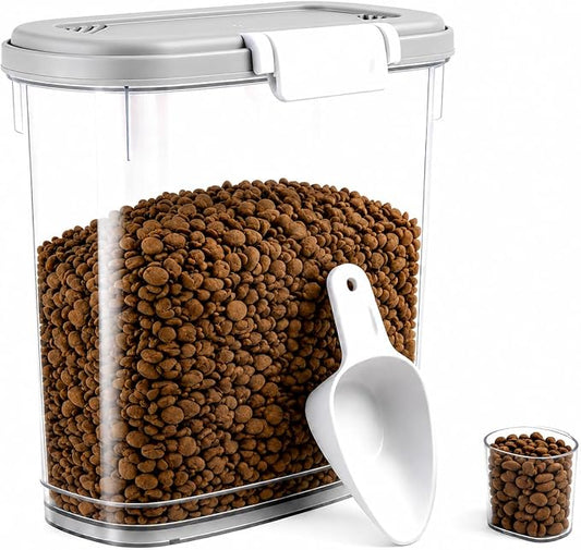Gray White Airtight Dog Cat Food Storage Container 10 Lbs - Slim Tall Pet Food Treat Container with Lid, Scoop and Cup - Clear Plastic Dry Food Storage Bin for Dogs, Cats, Bird Seeds, Kibble, Pellets