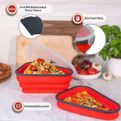 PIZZA PACK The Perfect Reusable Pizza Storage Container with 5 Microwavable Serving Trays - BPA-Free Adjustable Pizza Slice Container to Organize & Save Space, 4 Pack, Red