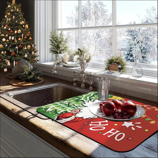 Baccessor Christmas Dish Drying Mat with 4PCS Coasters,2PCS Kitchen Bar Mat Coffee Mat Accessories Fits Under Coffee Maker and Pot,Santa Claus Snowman Bar Mat Detachable