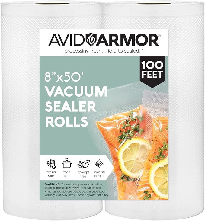 Avid Armor Vacuum Seal Rolls, Vac Seal Bags for Food Storage, Meal Saver Freezer Vacuum Sealer Bags, Sous Vide Bags Vacuum Sealer, Non-BPA Vacuum Sealer Bags, 8 inches by 50 feet, Pack of 2