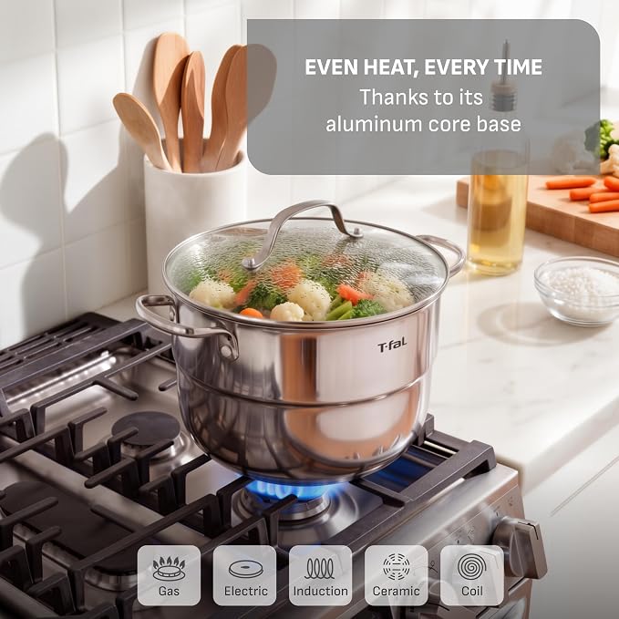 T-Fal Specialty 7.2 Quarts Stainless Steel Pan Stockpot with Lid, Induction Compatible, Dishwasher Safe, Oven Safe to 500°F, Stew Pot, Silver