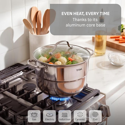 T-Fal Specialty 7.2 Quarts Stainless Steel Pan Stockpot with Lid, Induction Compatible, Dishwasher Safe, Oven Safe to 500°F, Stew Pot, Silver