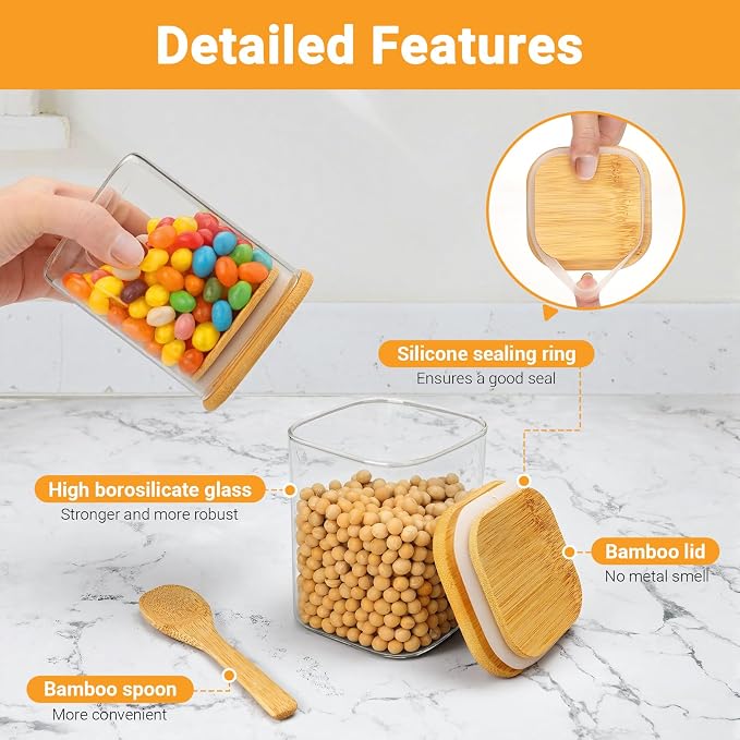 Glass Jar with Lid, 15 Fl.oz Square Glass Jars with Bamboo Lids Set of 2, Airtight Food Storage Containers for Sugar, Tea, Coffee, Candy, Cookies, Spice - Included Labels, Marker and Spoon