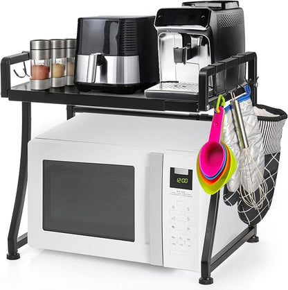 DEAYOU Extendable Microwave Oven Rack, 2-Tier Toaster Stand Utensils Storage with 8 Hooks, Adjustable Kitchen Countertop Organizer Shelf for Air Fryer, Rice Cooker, Spice, 110lbs Weight Capacity
