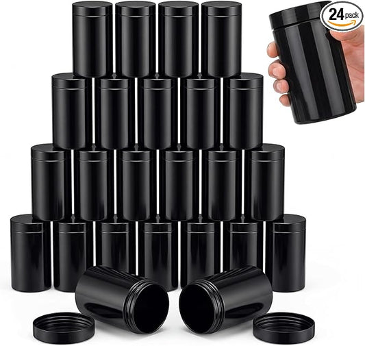 SATINIOR 24 Pieces Empty Clear Plastic Jars with Lids Round Storage Containers Wide Mouth for Beauty Product Cosmetic Cream Lotion Liquid Butter Craft and Food(Black,10 oz)
