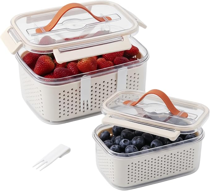 Fruit Storage Containers for Fridge,berry containers with Colander and Built-in Forks,2 packs 57oz & 13oz Airtight Food Containers with Lids, BPA Free Berry Keeper, to go box for lunch, travel, office