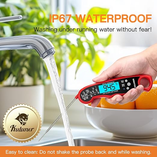 KULUNER Instant Read Meat Thermometer, Digital Food Thermometer with 4.6" Folding Probe, IP67 Waterproof, Backlight & Calibration, 2-3s Fast Reading for Kitchen Grilling BBQ Cooking Candy - Red