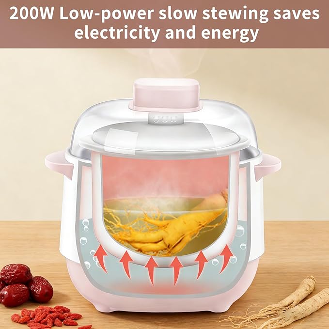 Pink 1L Ceramic Slow Cooker with Steamer Basket, 200W Mini Electric Stew Pot, 24-Hour Delayed Start & Auto Keep-Warm, Household Kitchen Safety Dry-Burn Protection Porridge & Soup Pot