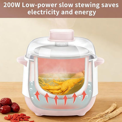 Pink 1L Ceramic Slow Cooker with Steamer Basket, 200W Mini Electric Stew Pot, 24-Hour Delayed Start & Auto Keep-Warm, Household Kitchen Safety Dry-Burn Protection Porridge & Soup Pot