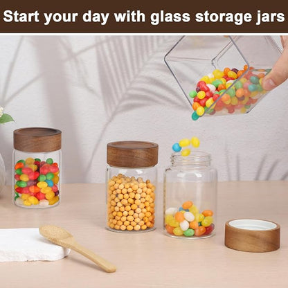 Coffee Jar with Wood Lid, 2 Pack 7oz 220ml Glass Canister with Wooden Airtight Lids, Empty Food Storage Containers, Screw Top Glass Mason Jars for Spice, Sugar, Tea, Oatmeal, Salad, Beans, Nuts