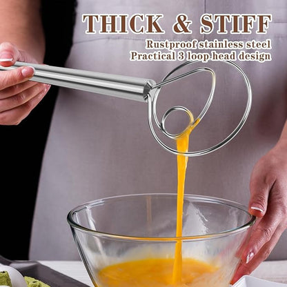 Danish Dough Whisk Stainless Steel Dough Hook Dutch Whisk for Sourdough Bread Dough Mixer Hand Wooden Handle Kitchen Whisking Mixing Tool Bread Making Tools and Supplies (Stainless Steel 1-eye)