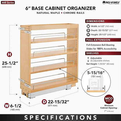 Rev-A-Shelf Maple Pullout Organizer for Full Height Base Cabinets, Full Extension Slides & Adjustable Shelves, Min Opening Width of 7", 448-BC-6C