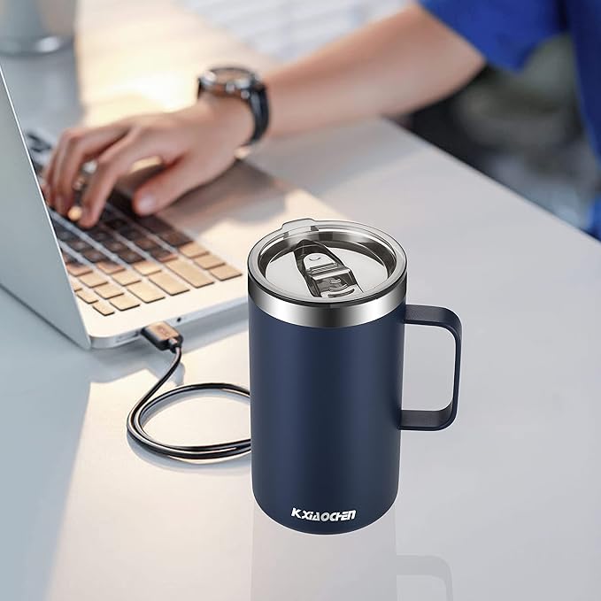 KXIAOCHEN 20oz Insulated Coffee Mug with Lid, Stainless Steel Coffee Cup, Double Wall Vacuum Coffee Tumbler with Handle, Premium Thermal Travel Coffee Mug (Navy Blue Black 2Pack)