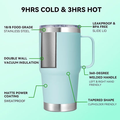 20 oz Stainless Steel Tumbler with Handle Bulk Metal Insulated Tumblers Travel Coffee Mug with Handle Double Wall Tumbler Cup with Lid and Straw, Mint Green 12 Pack
