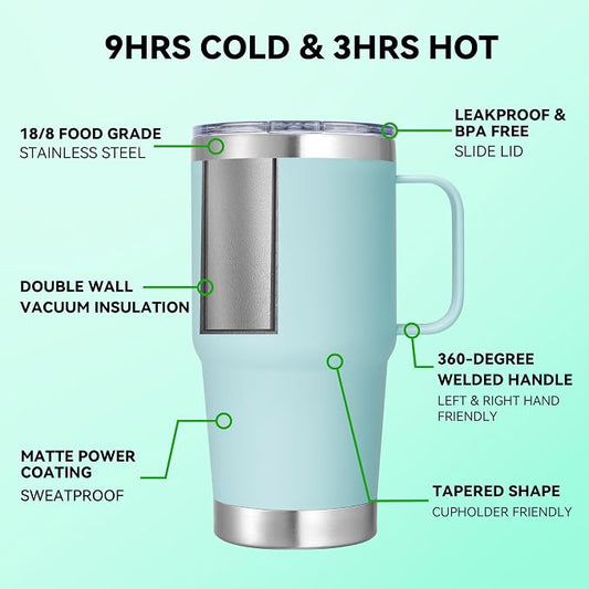 20 oz Stainless Steel Tumbler with Handle Bulk Metal Insulated Tumblers Travel Coffee Mug with Handle Double Wall Tumbler Cup with Lid and Straw, Mint Green 12 Pack