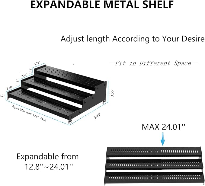 Expandable Spice Rack organizer with 3-Tier step shelf,Modern Design heavy duty,Non Skid and Visibility,Great for Kitchen Cabinet, Pantry and more(3PACKS/GUN-GREY)
