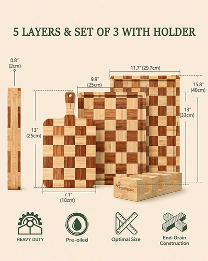 Cutting Board,Heavy Duty Cutting Board Set of 3 with Stand,End Grain Butcher Block Cutting Boards for Kitchen with Juice Grooves and Handles for Meat, Cheese, Charcuterie and Serving