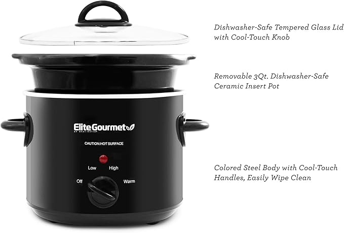 Elite Gourmet MST-350B# Electric Slow Cooker, Adjustable Temp, Entrees, Sauces, Stews & Dips, Dishwasher Safe Glass Lid & Crock (3 Quart, Black)