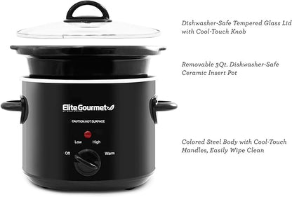 Elite Gourmet MST-350B# Electric Slow Cooker, Adjustable Temp, Entrees, Sauces, Stews & Dips, Dishwasher Safe Glass Lid & Crock (3 Quart, Black)
