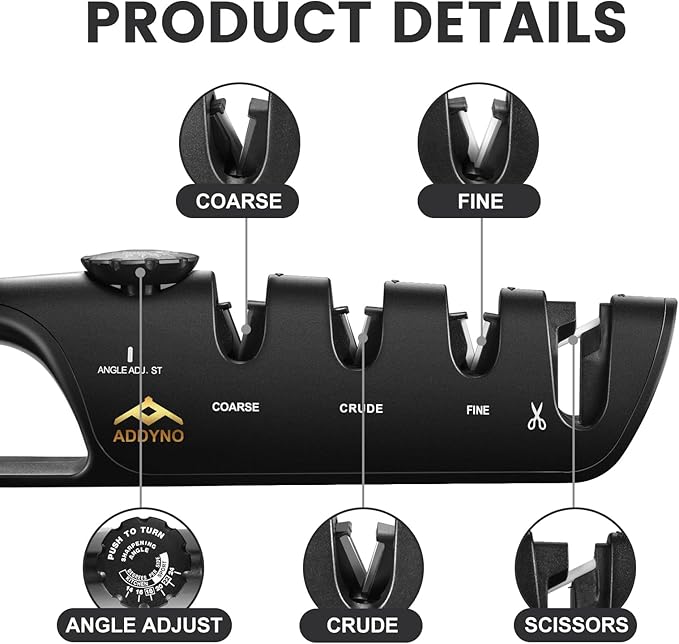 Knife Sharpener, Adjustable Angle 4-in-1 Kitchen Knife Sharpener, 3-Stage Coarse Sharpen Fine with Scissors Slot, Non-Slip Base Ergonomic Handle for Household Knives and Scissors