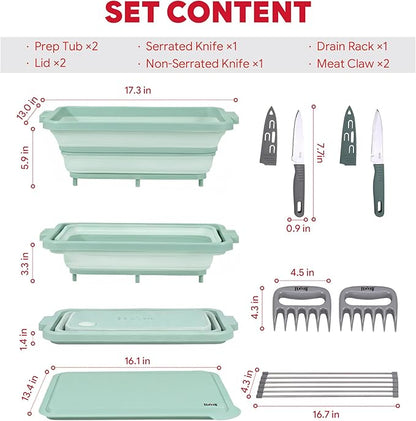 Feasto Collapsible BBQ Prep Tubs with Cutting Board, 9-IN-1, 2 Tubs Portable Grill Prep Station with Side Brackets, Lids, Knives, Meat Claws and Drain Rack, Space-Saving for Kitchen & Camping, Green
