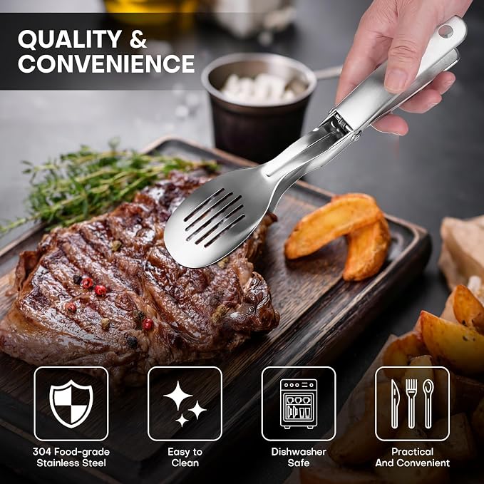 10.8 Inch 304 Stainless Steel Cooking Tongs, Metal Kitchen Tongs with Oil Drain Holes & Spring Rebound, Anti-Slip Handle for Grilling BBQ Salad Serving