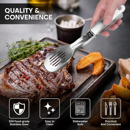 10.8 Inch 304 Stainless Steel Cooking Tongs, Metal Kitchen Tongs with Oil Drain Holes & Spring Rebound, Anti-Slip Handle for Grilling BBQ Salad Serving