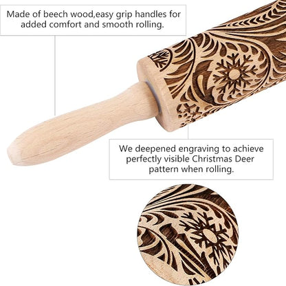 Embossed Wooden Rolling Pin for Baking,Evermarket Deep Engraved Embossing Rolling Pin with Christmas Snowflake Flower Design for Baking Embossed Cookies,Cute Kitchen Decor DIY Tool for Adults