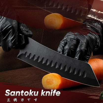 TIVOLI Santoku Knife 7 Inch - Japanese Chef Knife for Fish - Bunka Knives for Meat - Kiritsuke for Vegetables - Black Slicing Knives with Full Tang Handle - Cooking Gifts for Men and Women