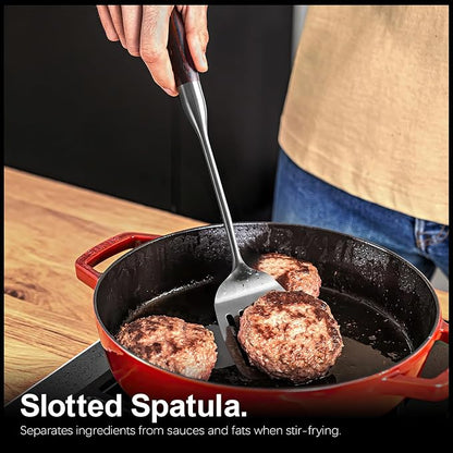IQCWOOD Stainless Steel Cooking Utensils Set with Wooden Handle, 5-Piece Heat Resistant Kitchen Utensil Tool for Cookware Set -Spatula, Turner, Spaghetti Server, Skimmer Spoon, Soup Ladle