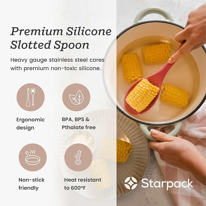 Starpack 'Let it Drain' XL Silicone Slotted Spoon(13.5 Inches) - Large Spoon with Slots for Cooking Heat Resistant to 600°F - Silicone Slotted Serving Spoons, Non Stick Cooking Spoons with Slots