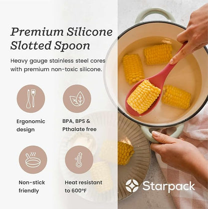 Starpack 'Let it Drain' XL Silicone Slotted Spoon(13.5 Inches) - Large Spoon with Slots for Cooking Heat Resistant to 600°F - Silicone Slotted Serving Spoons, Non Stick Cooking Spoons with Slots