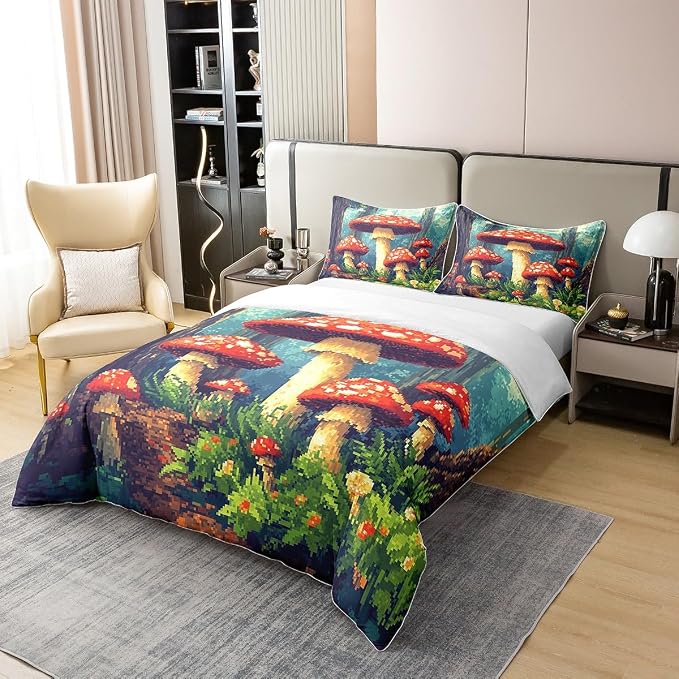 Red Mushroom 100% Nature Cotton Duvet Cover Jungle Wild Plants Trees Comforter Cover Twin Size with 1 Pillowcase Cartoon Pixelated Construct Games Aesthetic Luxury Bedding Set (No Filler)