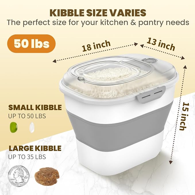 HOYTAMDAR 20-50Lbs Rice Container,Collapsible Food Storage Containers with Airtight Clear Lid,Wheels,Rice Storage Container with Small Bin and Scoop,Rice Dispenser for Dog Cat (Grey2/20-50lbs)