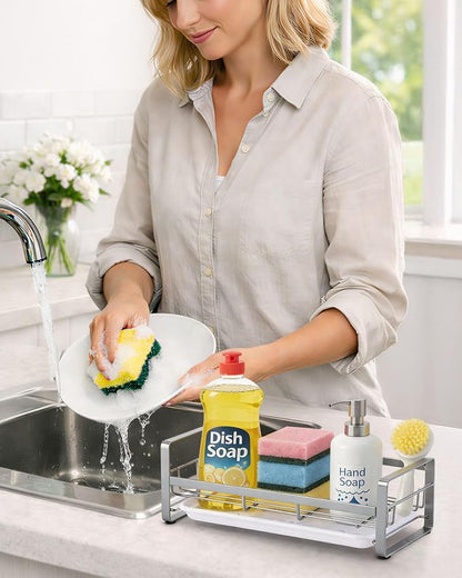 HULISEN Large Sponge Holder, 304 Stainless Steel Kitchen Soap Dispenser Caddy Organizer, Countertop Soap Dish Rack Drainer with Removable Drain Tray, not Including Dispenser and Brush, Grey