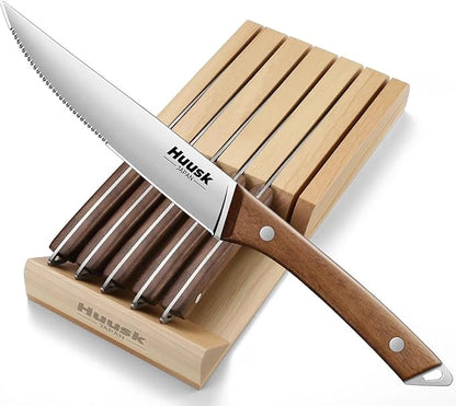 Huusk Steak Knives Set of 6 with Drawer Organizer-4.5 in Japanese Serrated Steak Knife Set with Block, Serrated & Straight Dual-Edge, Stainless Steel Steaks Knives with Holder, Fathers Day Gift Idea
